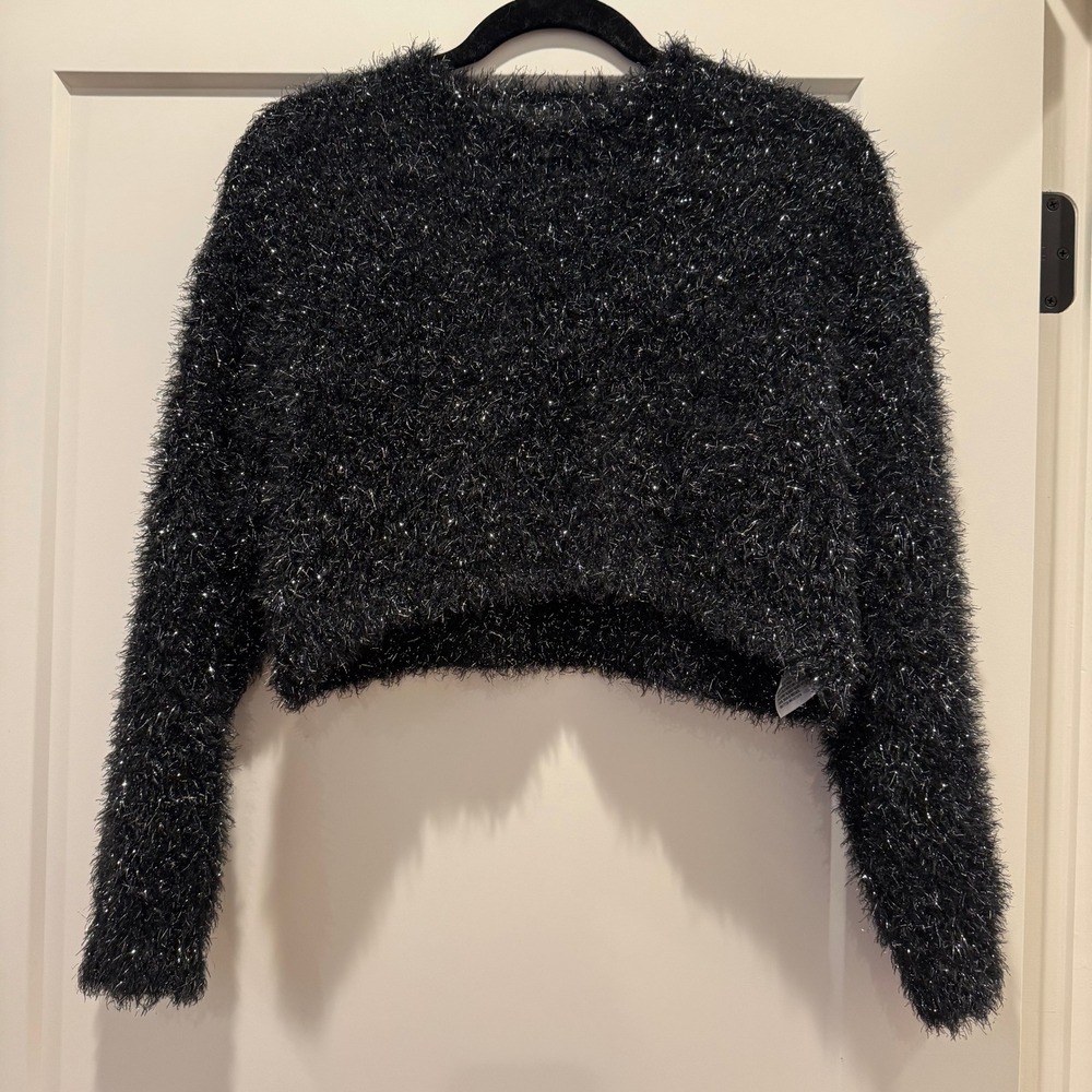 Y2K Sparkly Art Class Girls M 8 Black Metallic Eyelash Cropped Sweater